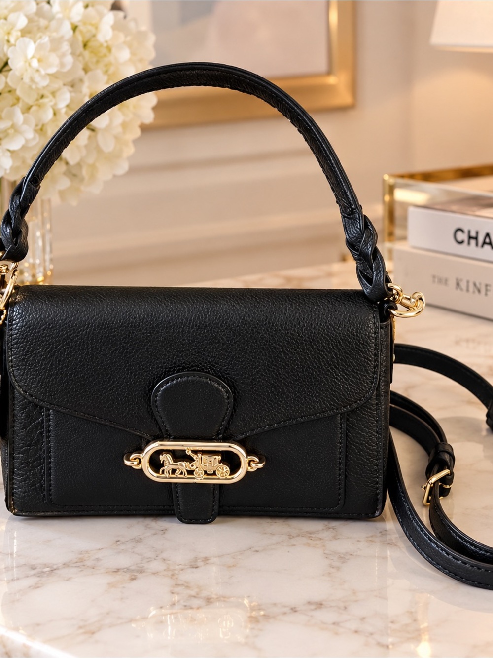 Coach Black Leather Top-Handle Crossbody with Gold-Tone Accent